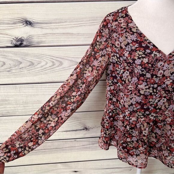 Loft Burgundy Floral V Neck Peplum Blouse - Picture 5 of 10